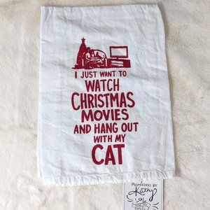 NWT Primitives by Kathy White & Red Tea Towel - Christmas Movies with My Cat